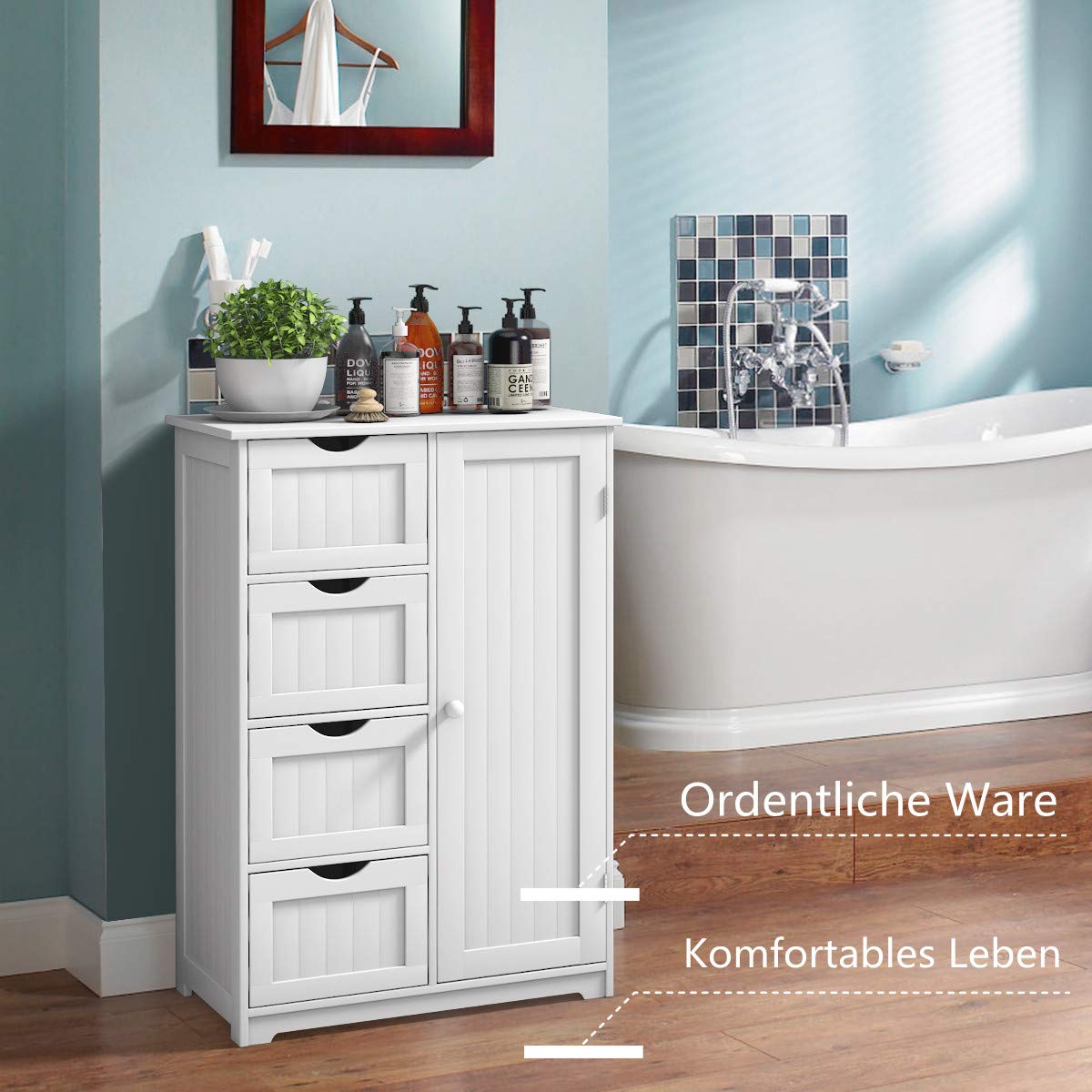 RELAX4LIFE Badezimmerschrank, Beistellschrank, Kommode mit 4 Schubladen, Lagerschrank Holz, Sideboard mit verstellbare Ablagen, Mehrzweckschrank für Bad & Zimmer & Flur, weiß