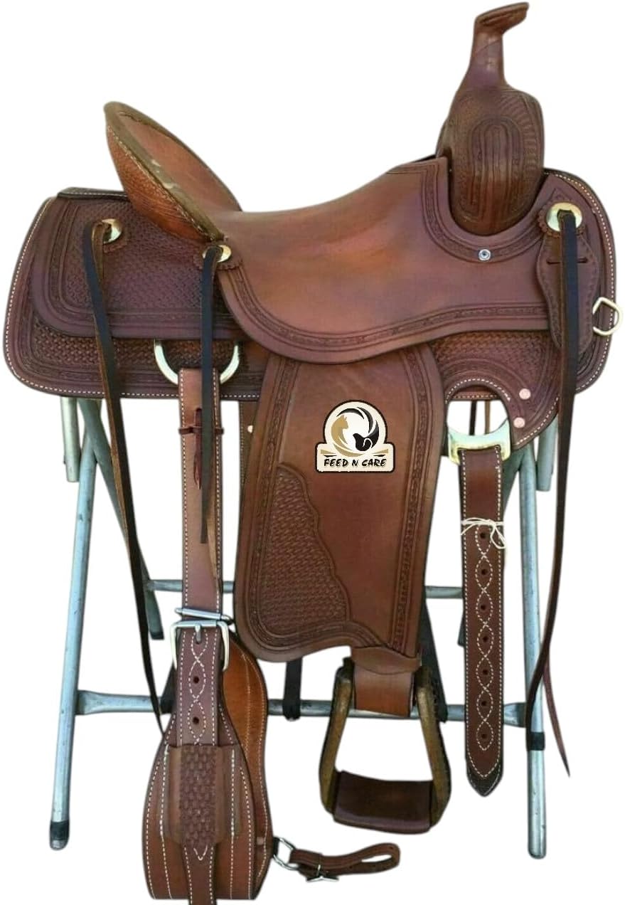 Premium Hand-Tooled Western Leather Saddle – Basket Weave Design, Deep Seat Roping & Trail Saddle with Tack Set