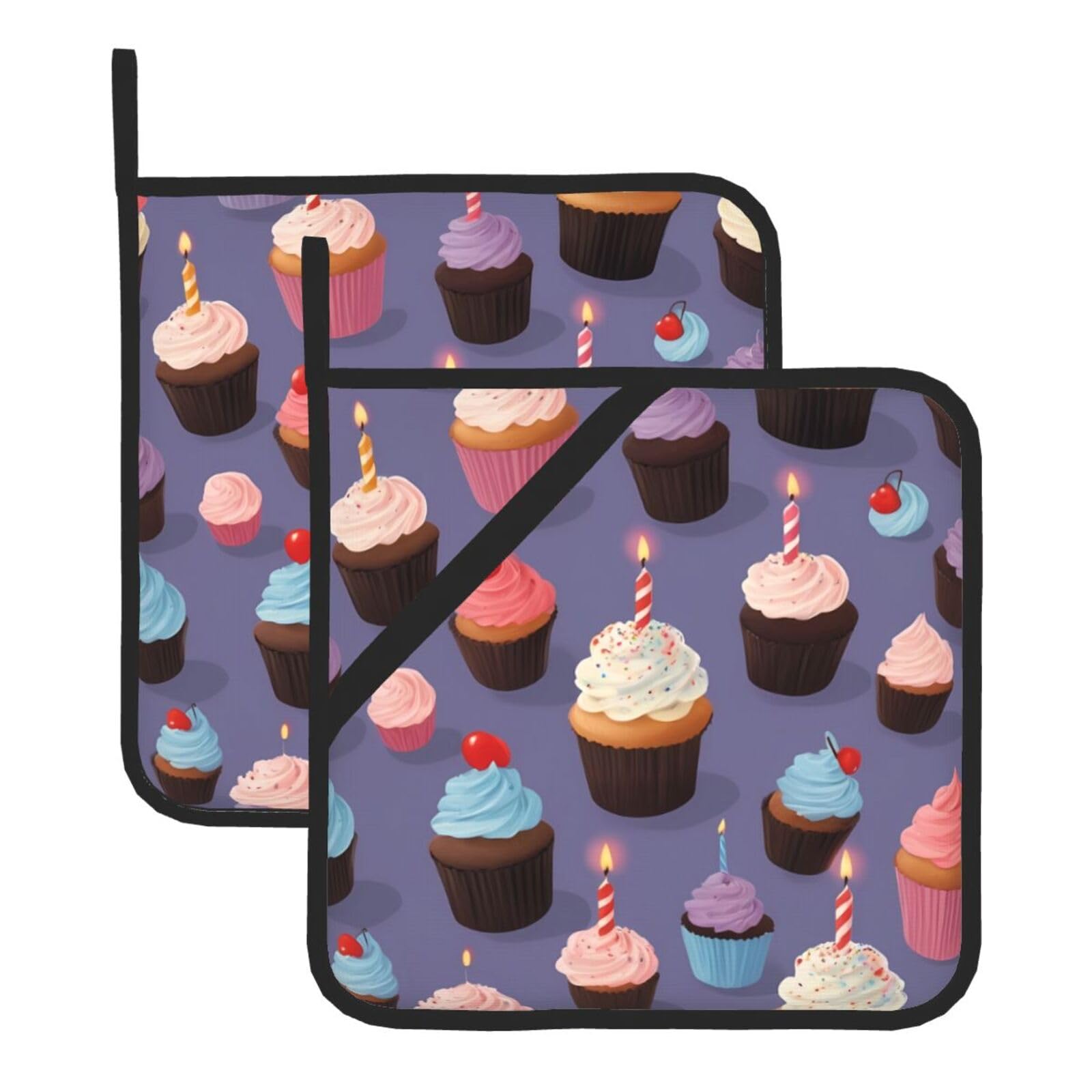 HJFCZH Birthday Cupcakes Printed Square Insulated Pot Mat Set (2-Piece) 8x8in Waterproof, Thickened & Easy to Clean with Lanyard Design for Kitchen, Oven & BBQ