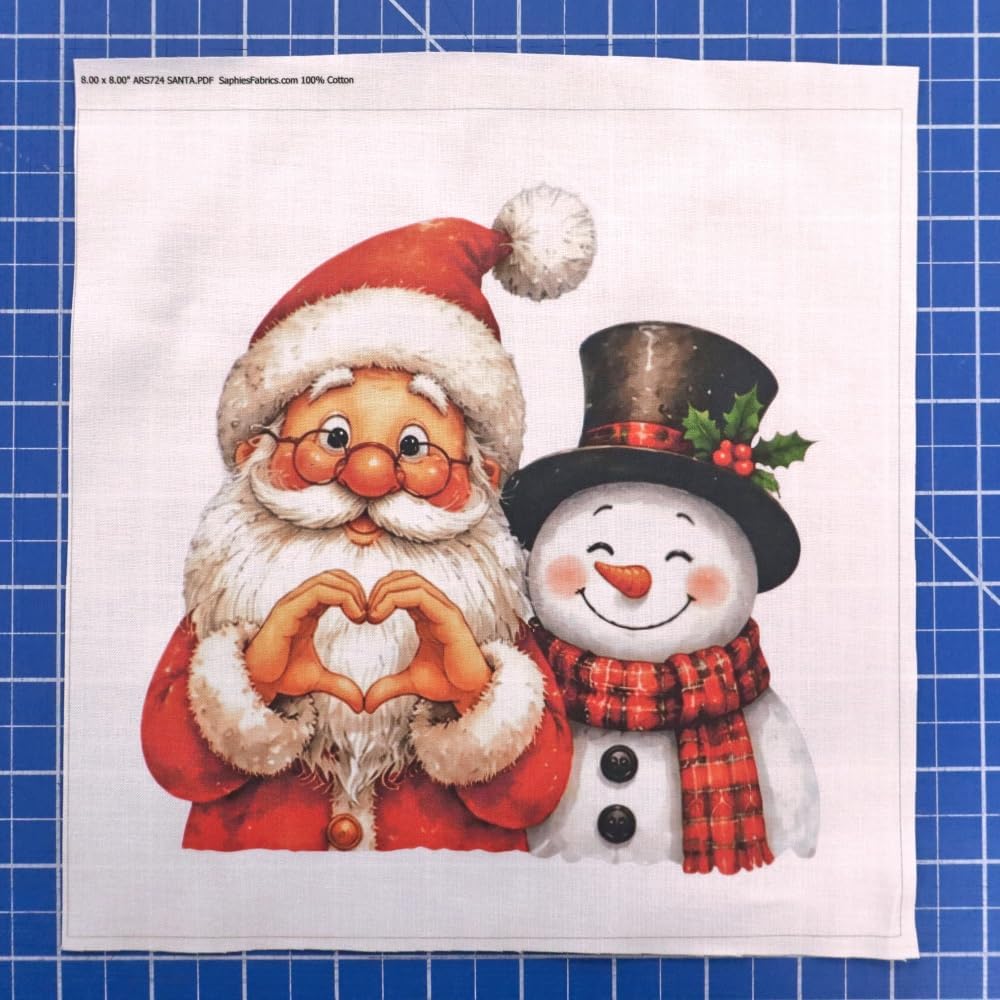 Fabric Panel 8"x8" Santa & Snowman 100% Cotton Quilt Square Block ARS724