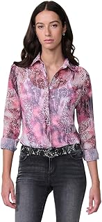 Camisa de Mujer en chifón Semitransparente con Estampado Animal, Cuello Camisero, Manga Larga y Botones Ocultos.