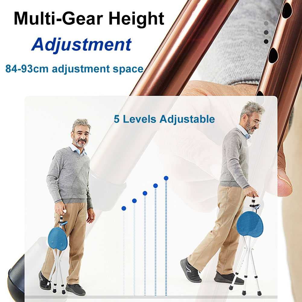 Bastón para trípode con Asiento, Silla de muleta de trípode con Ayuda de bastón Plegable Ajustable con Asiento para Anciano, 400 LB Capacidad, 3 Patas Bastón (Brown)