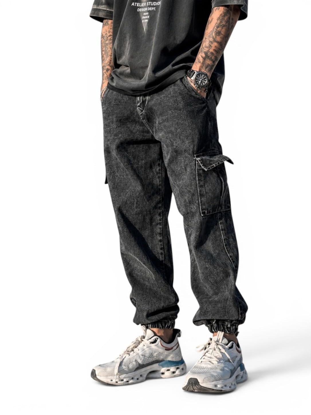 Men's Black Cargo Jogger Jeans | Relaxed Fit Multi Pocket Denim Jogger Pants for Men | Streetwear Cargo Denim-picture-33