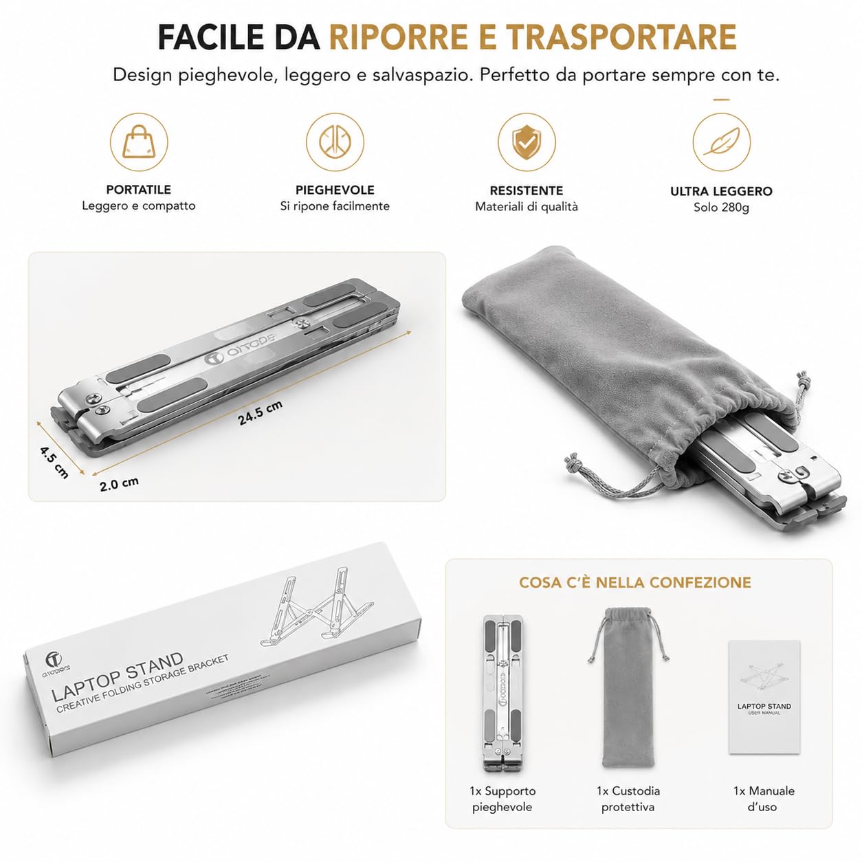 Ali Brothers Supporto per Laptop in Alluminio, Pieghevole e Portatile, Regolabile a 7 Livelli, Antiscivolo, Grigio, Finitura Metallica Anodizzata (supporto da laptop)