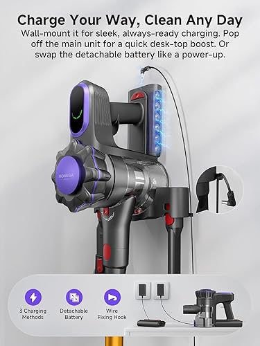 Miniatura 8 de MONSGA Aspiradora inalámbrica, 45 kPa y 400 W para el hogar, aspiradora antienredos de 50 minutos con base de carga, aspiradora de mano ligera para