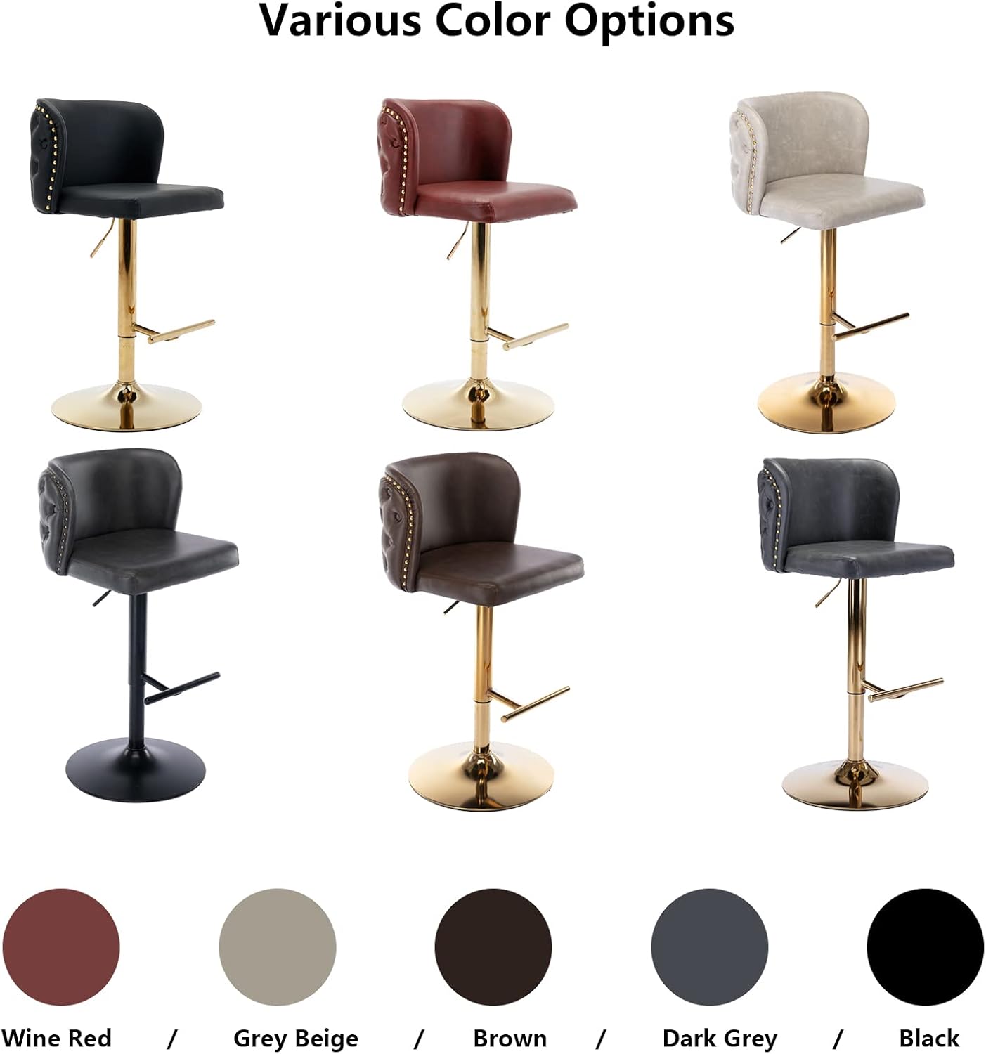 Setawix PU Faux Leather Swivel Bar Stools Set of 2 Height Adjustable Kitchen Island Counter Stools Tufted Wingback Dining Stool Chairs with Golden Metal Leg Nailhead Trim for Pub (Black Golden)