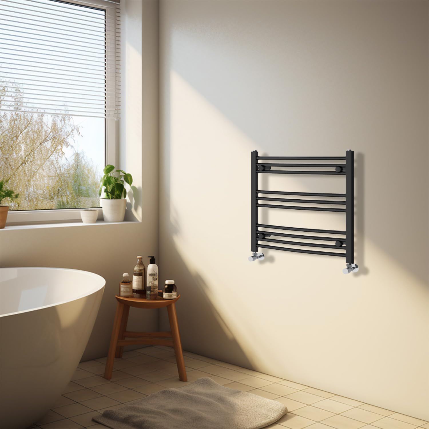 NRG Black Heated Towel Rail Curved Designer Bathroom Radiator - 600×600mm