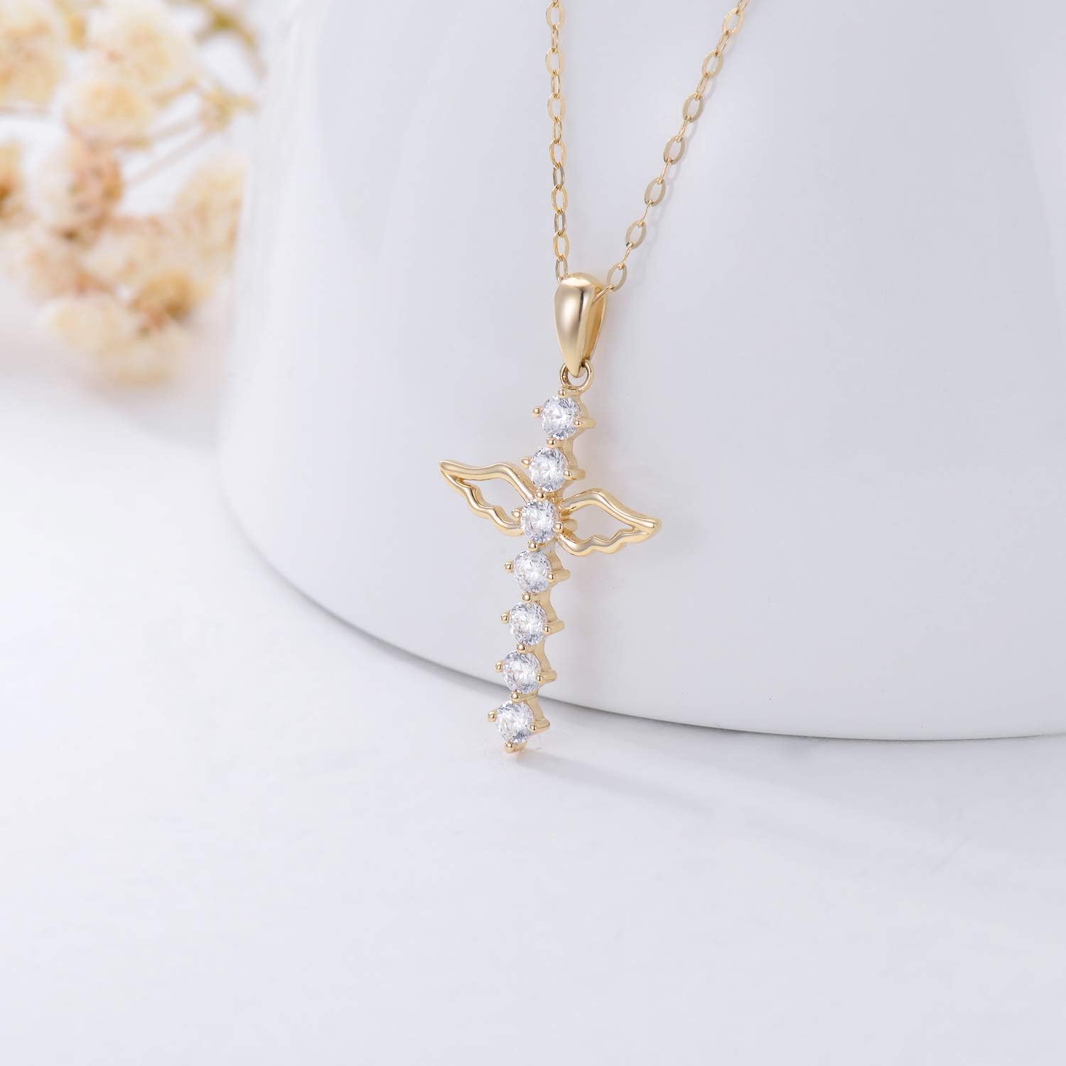 SISGEM 14K Real Gold Cross Necklace for Women,Yellow Gold Angel Wings Cross Pendant Necklaces with 5A Cubic Zirconia,Religious Jewelry Anniversary Birthday Gifts for Wife Mom,16''-18''