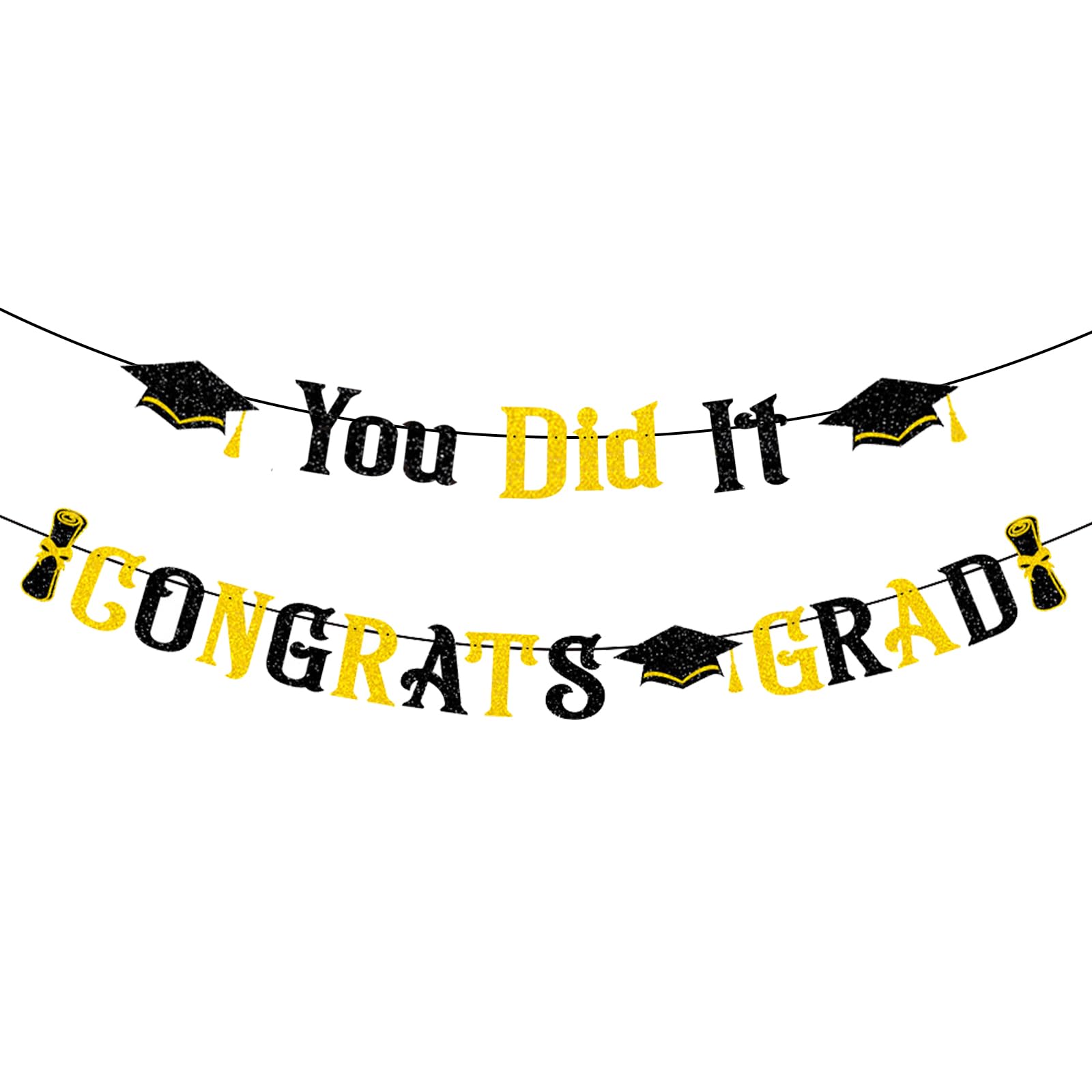 HEYINSHEN Graduation Banners Party Decorations Black and Gold Glitter You Did It Congrats Grad Banners Congratulations Banner Decor for High School