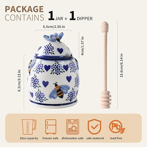 Miniatura 3 de ZOOBEE Tarros de Miel Cerámicos con Cuchara y Tapa Estilo Granja, Tarro de Miel de 10oz con Cuchara, Tarros de Miel Pintados a Mano con Abejas,