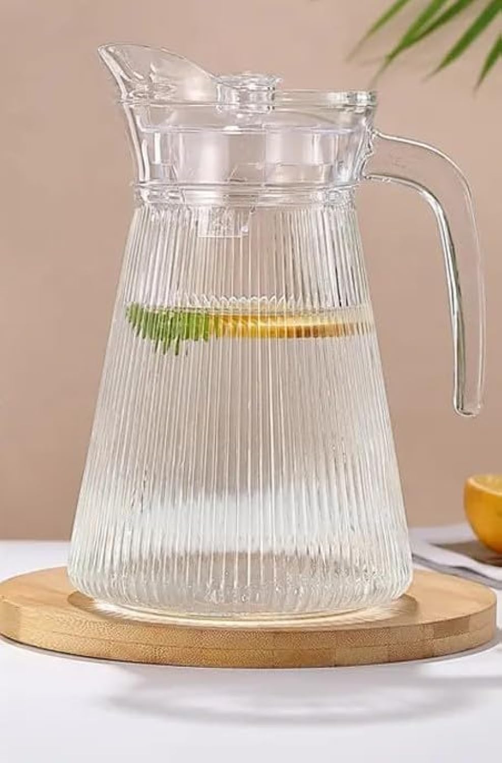 KiKiluxxa Texture Lined Design Pattern Glass Water Jug 1.5 Litre, Air Tight Lid,Iced Tea Pitcher, Water Jug, Hot Cold Water, Milk and Juice Beverage Carafes -Transparent (Suprojs Jug)