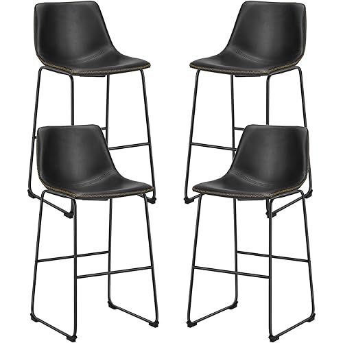 Sweetcrispy Counter Height Bar Stools Set of 4, 30 inch Leather Barstools Modern Bar Stools with Back, Counter Stool Armless Bar Chairs with Metal Legs, Footrest, Classic Black