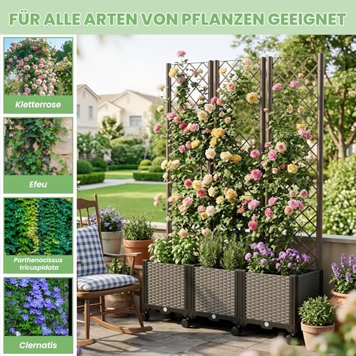 ZIKEBTUY 180x117x390CM Hochbeet mit Spalier und Rädern für Kletterpflanzen Pflanzkasten mit Sichtschutz für Tomaten, Gurken, Kletterrosen usw (Dreifach)