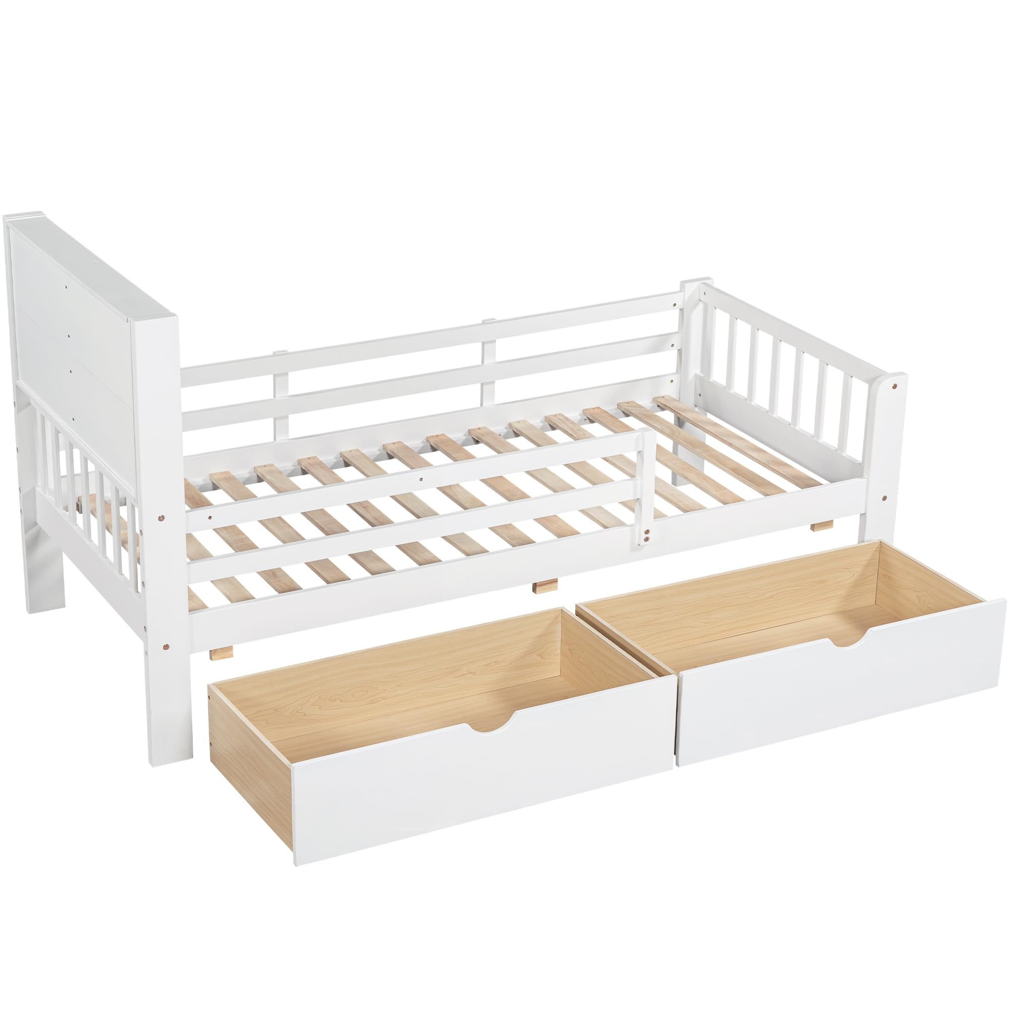 Kinderbett 90x200 Holzbett mit Schubladen und Tafel Kopfteil Bücherregal Rausfallschutz Lattenrost Stauraum Jugendbett Funktionsbett Bettgestell Holz Weiß