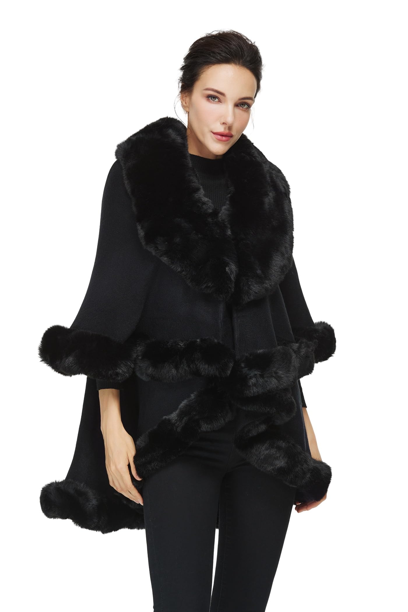 Women Poncho Cape Faux Fur Shawl Wrap Winter Faux Fur Trim Coat Sleeveless Cardigan Dressy Cloak