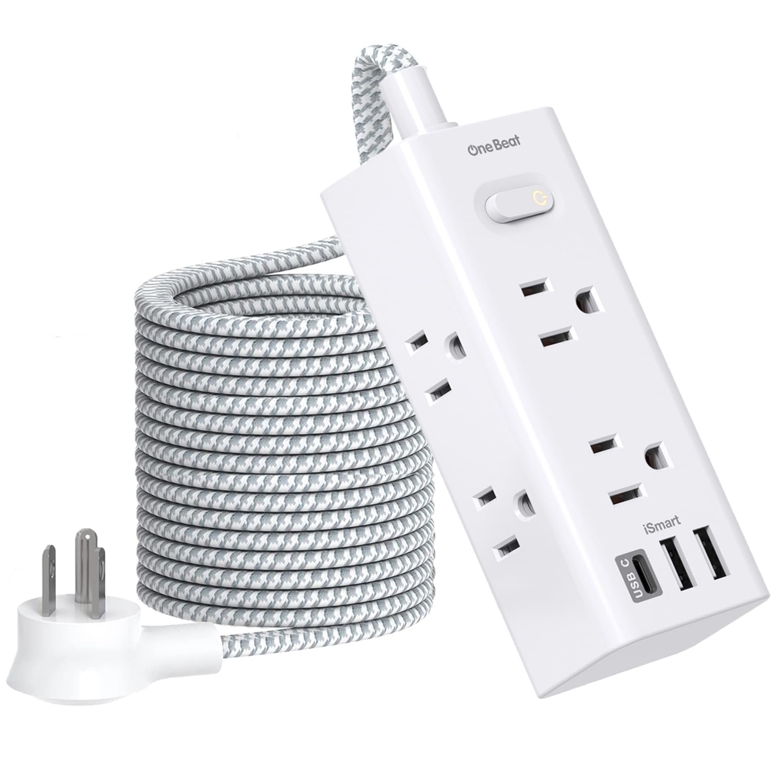 One Beat 20 Ft Extension Cord, Power Strip Surge Protector with 6 Widely Outlets 3 USB Ports (1 USB C), 3-Side Outlet Extender, Wall Mount Flat Plug Power Strip for Travel Home Office College Dorm