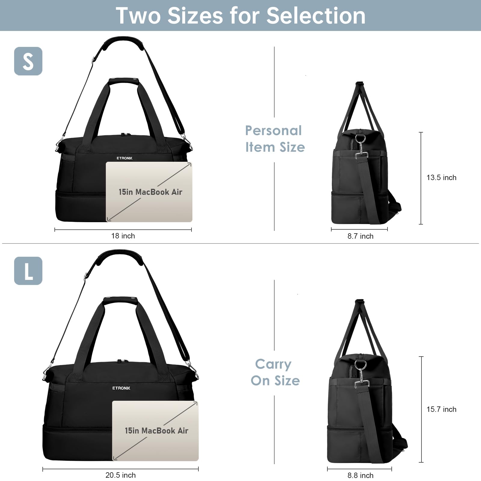 ETRONIK Gym Bag Womens, Travel Duffel Bag, Easyjet Cabin Bag 45x36x20 Underseat, Weekend Bag with Shoes Compartment - Image 3