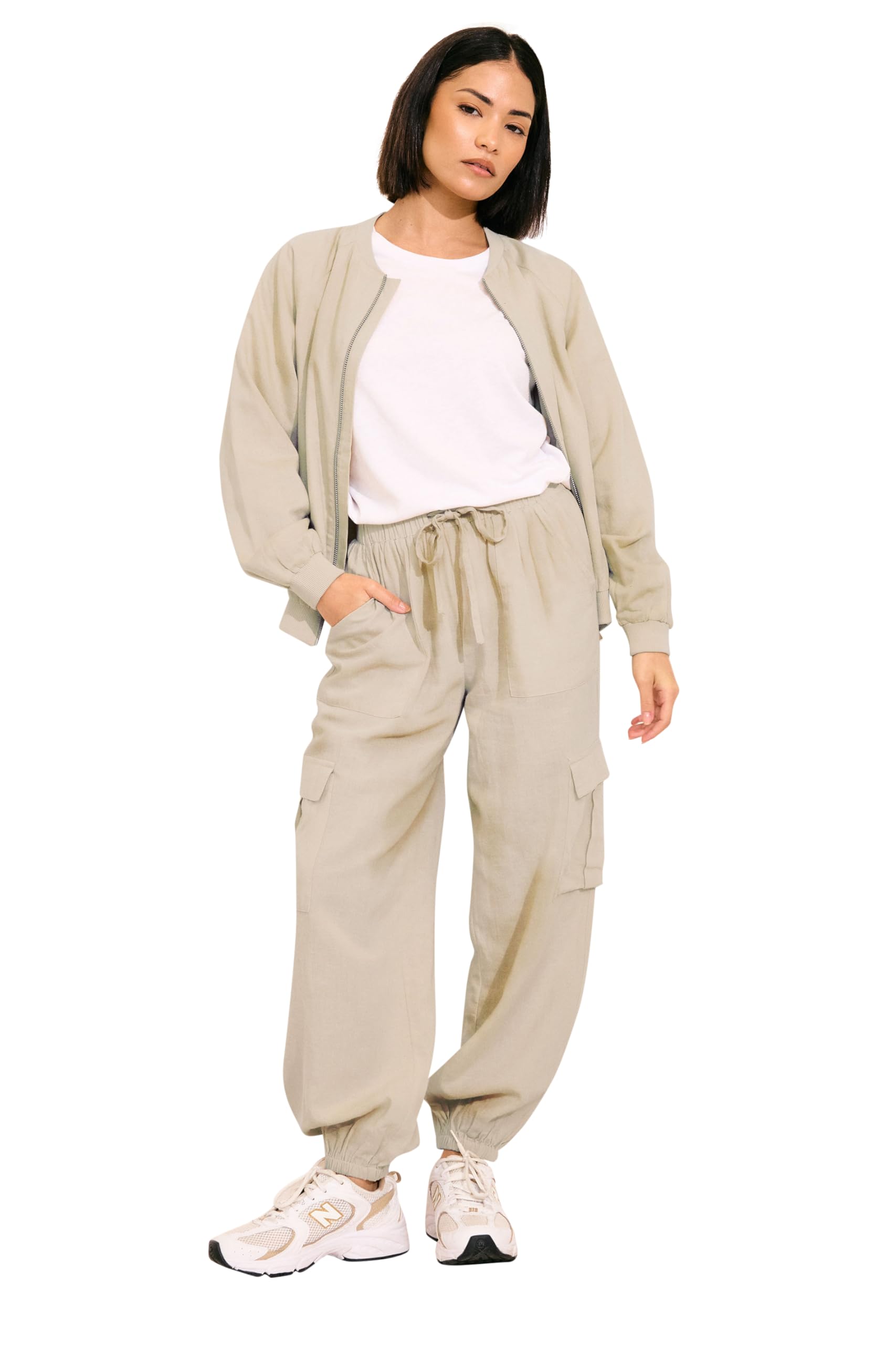 PixieGirl Petite Linen Cargo Joggers - Stone - Women's Size 14