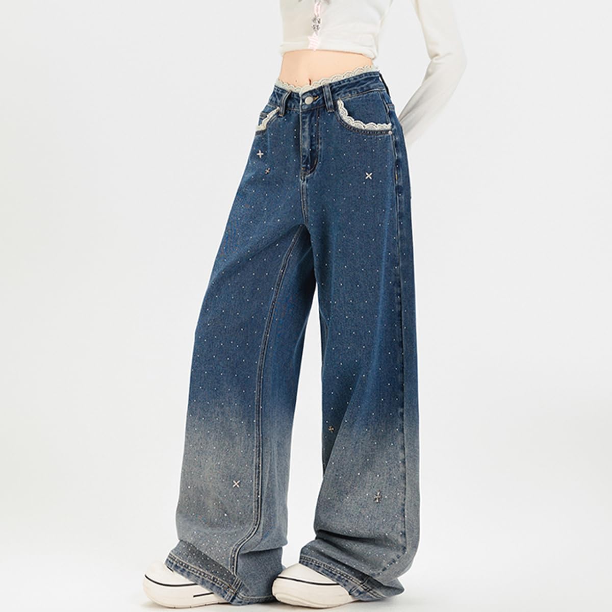 Women's Fashion High Waisted Straight Leg Jeans Y2K Cute Lace Casual Gradual Sticking Drill Denim Pants - Image 4