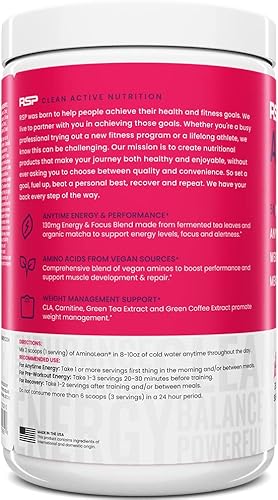 Miniatura 8 de Fórmula para ganar energía y perder peso de RSP AminoLean BCAA en polvo con ALC extracto de té verde y cafeína para desarrollar el músculo magro y