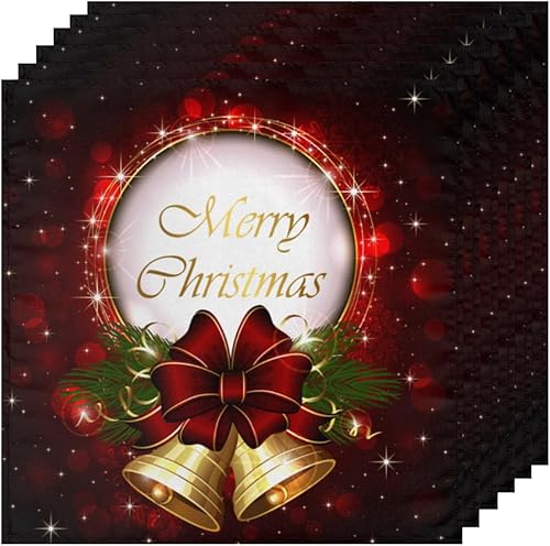 Miniatura 6 de Cloth Napkins Set of 6 Merry Christmas 20x20 Inch Cloth Napkins Xmas Bell Washable Reusable Kitchen Dinner Napkins Table Decor for Wedding, Holiday
