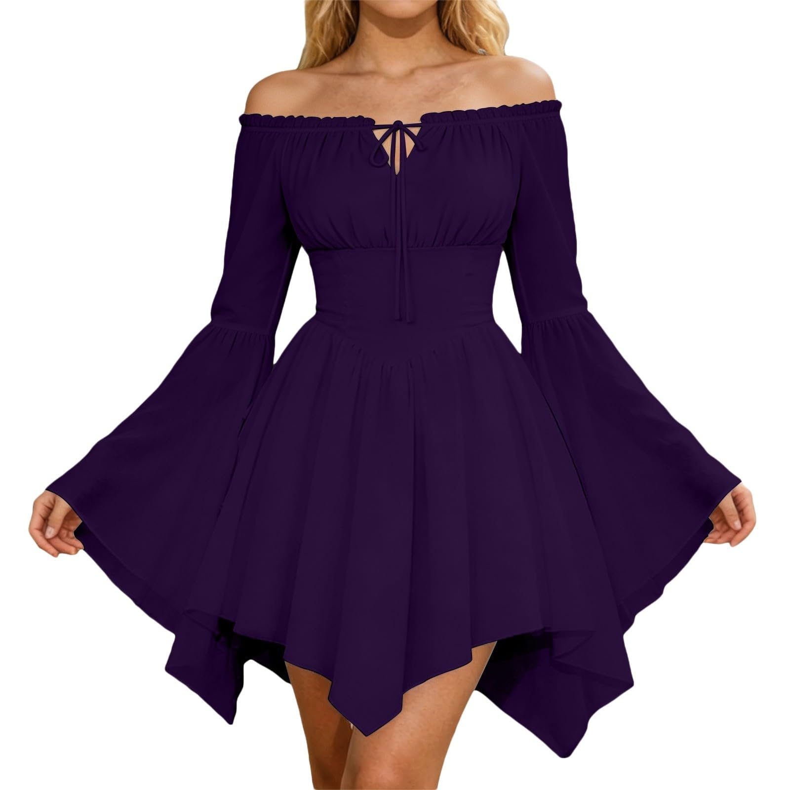 White Pirate Dress for Women, Off Shoulder Ruffle Mini Dress with Puff Sleeves, Smocked Bodice A Line Romper Jumpsuit with Elastic Waist, Pirate Dress for Halloween Cosplay Party — image 1