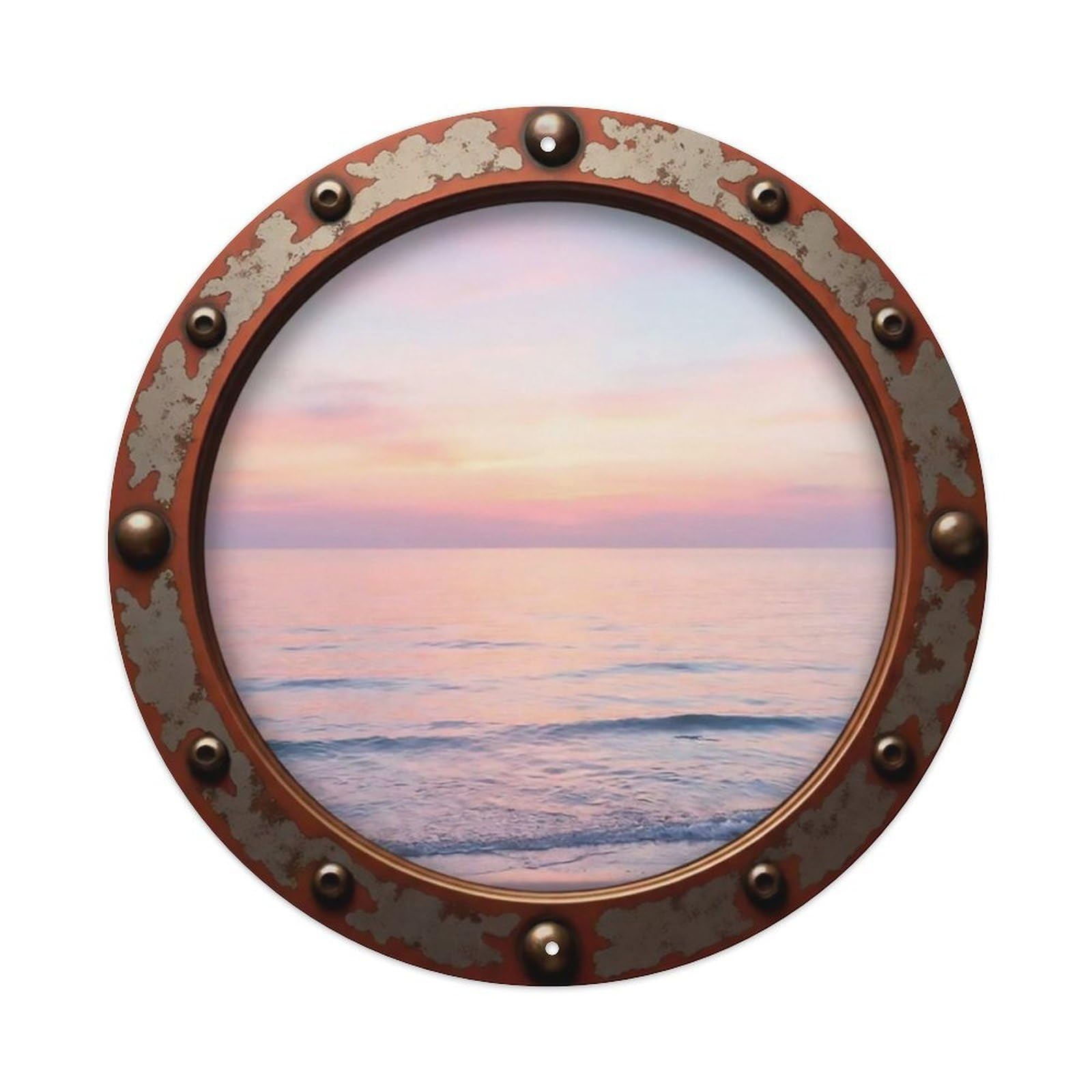 Vintage Porthole Pink Dawn Horizon View Metal Tin Sign