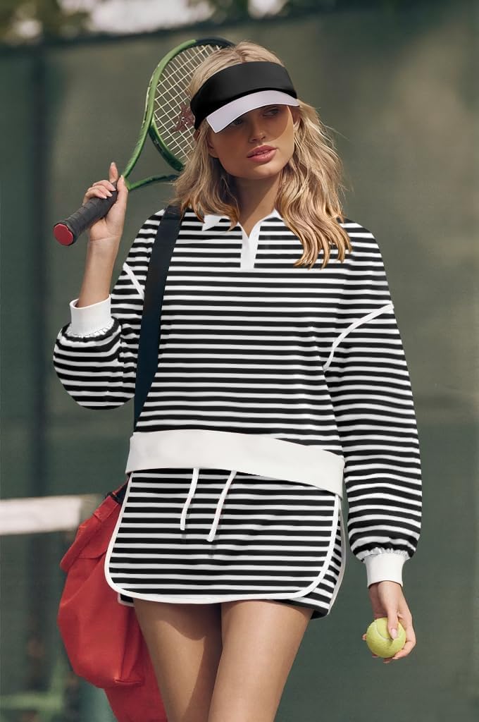 Womens Striped 2 Piece Outfits Long Sleeve Sweatshirt Button V Neck Sweatsuits High Waist Shorts Lounge Sets - Image 2