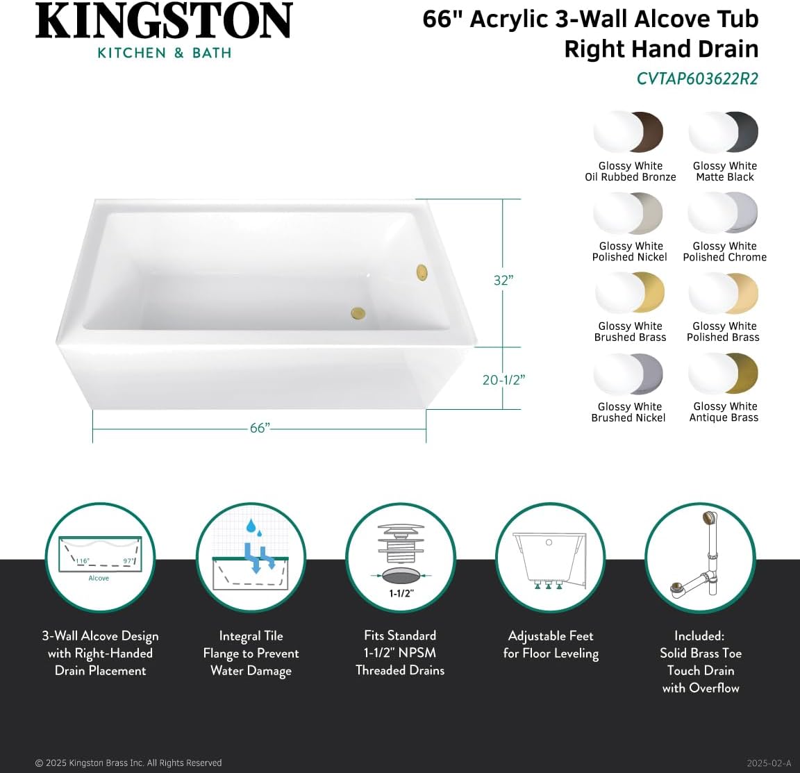 Aqua Eden CVTAP663222R5 66" Acrylic Rectangular 3-Wall Alcove Tub, Right Hand Drain, Glossy White/Oil Rubbed Bronze
