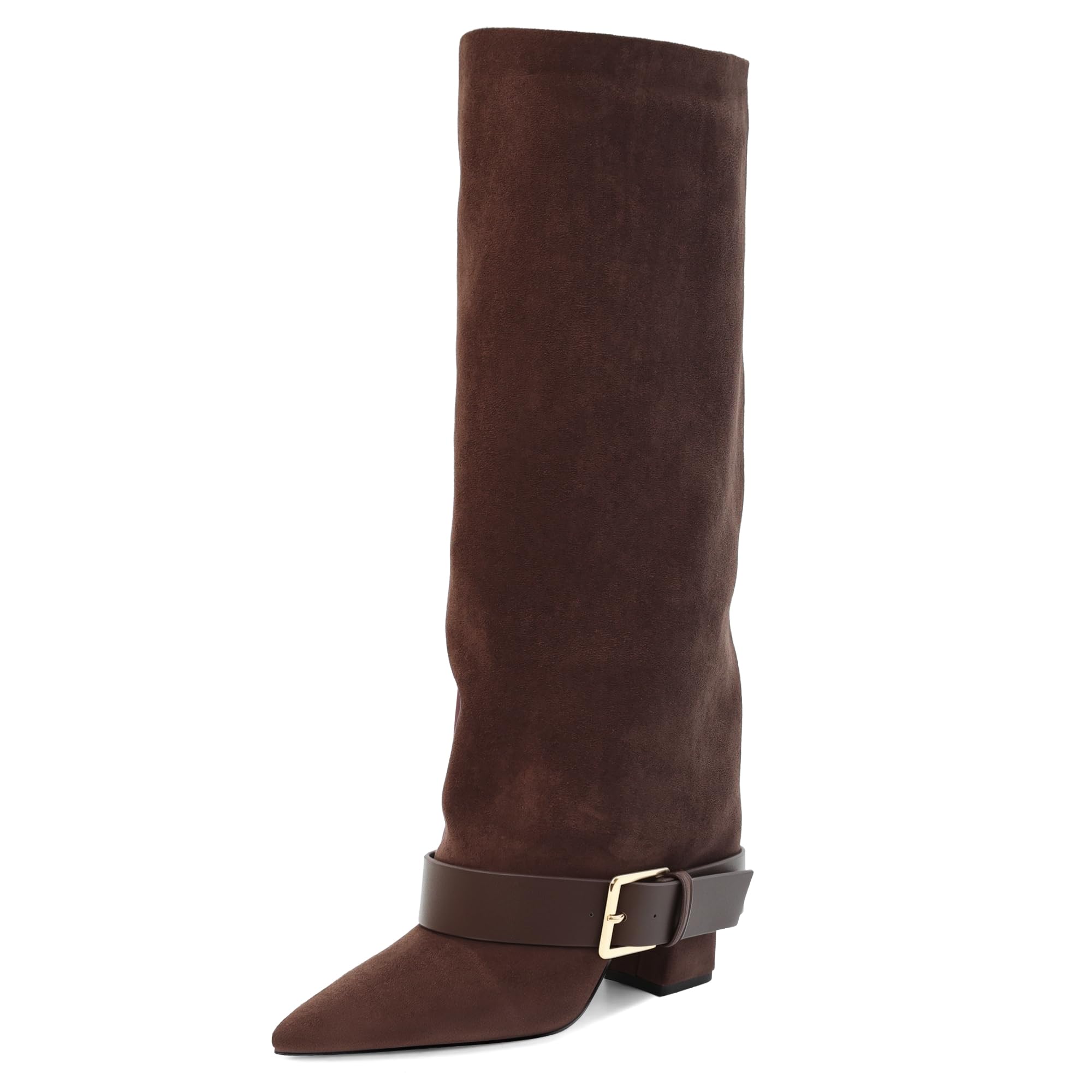 Knee High Boots Women Fold Over Chunky High Heel Wide Calf Pointed Toe Boots Belt Buckle Fall Long