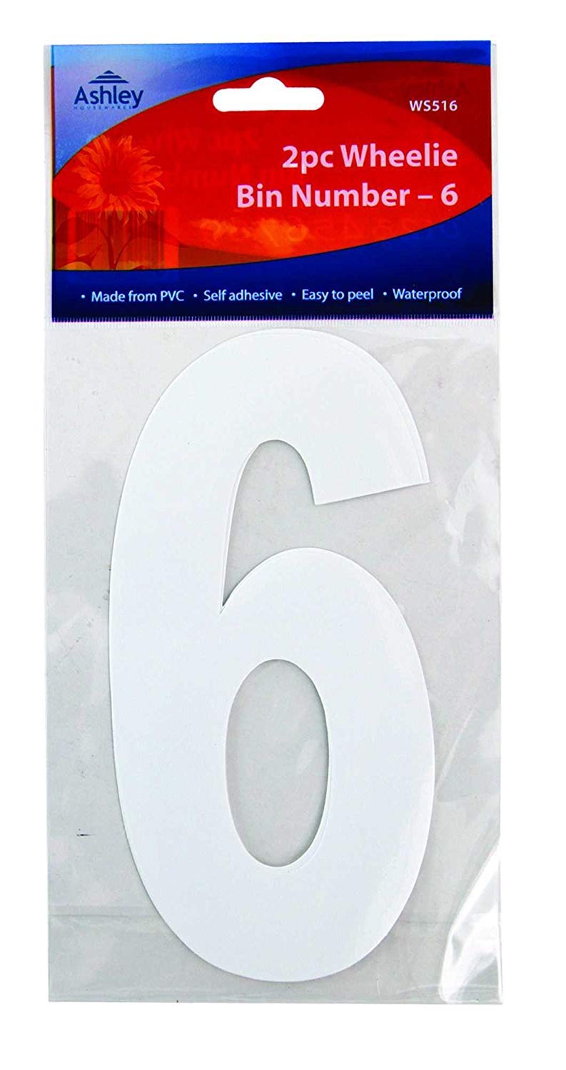 2 X Wheelie Bin Numbers 17cm 2/Pk - 6 (WS516) Wheelie Bin/Dust bin/Dustbin Number Stickers