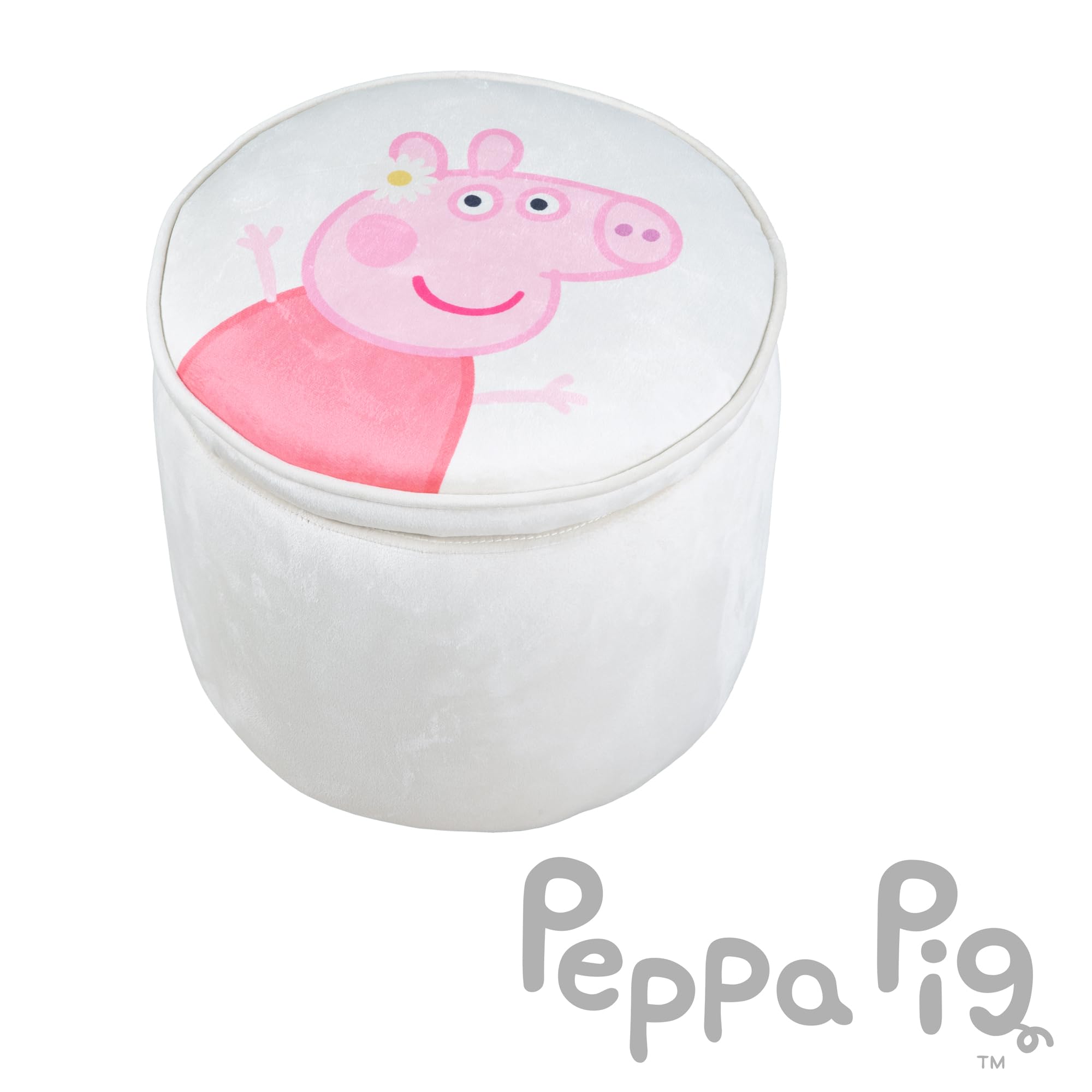 roba Pouf Coffre Bébé Rond Peppa Pig en Velours - Boîte de Rangement pour Enfant dès 18 Mois - Couvercle Amovible - Repose-Pieds Rembourré - Nettoyage Facile - Beige / Motif Truie