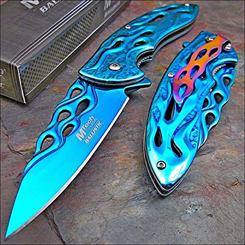 MTECH Ballistic BLUE Skeletonized Flame Blade Spring Assisted Open Pocket Knife