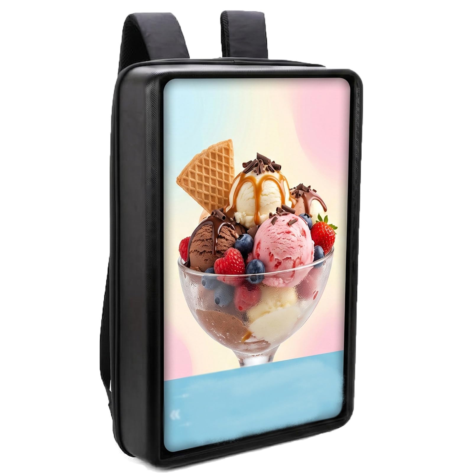 MiyKom Lcd Backpack for Video Advertising Player IP65 Rugged Waterproof Walking Billboard 1000 Nits Ultra Bright IPS Screen 160 Viewing Angle Smart Mobile Display for Agency Rental and Promotion
