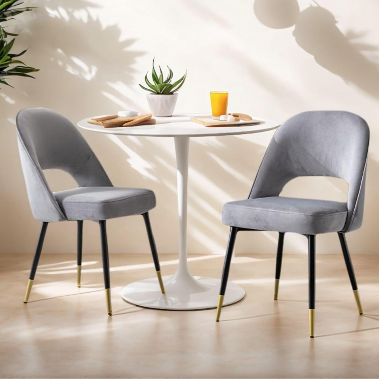 Set of 2 Velvet Dining Chairs for Kitchen Living Room Modern Armless Side Chair Upholstered Corner Chairs with Metal Legs (Gray-2)