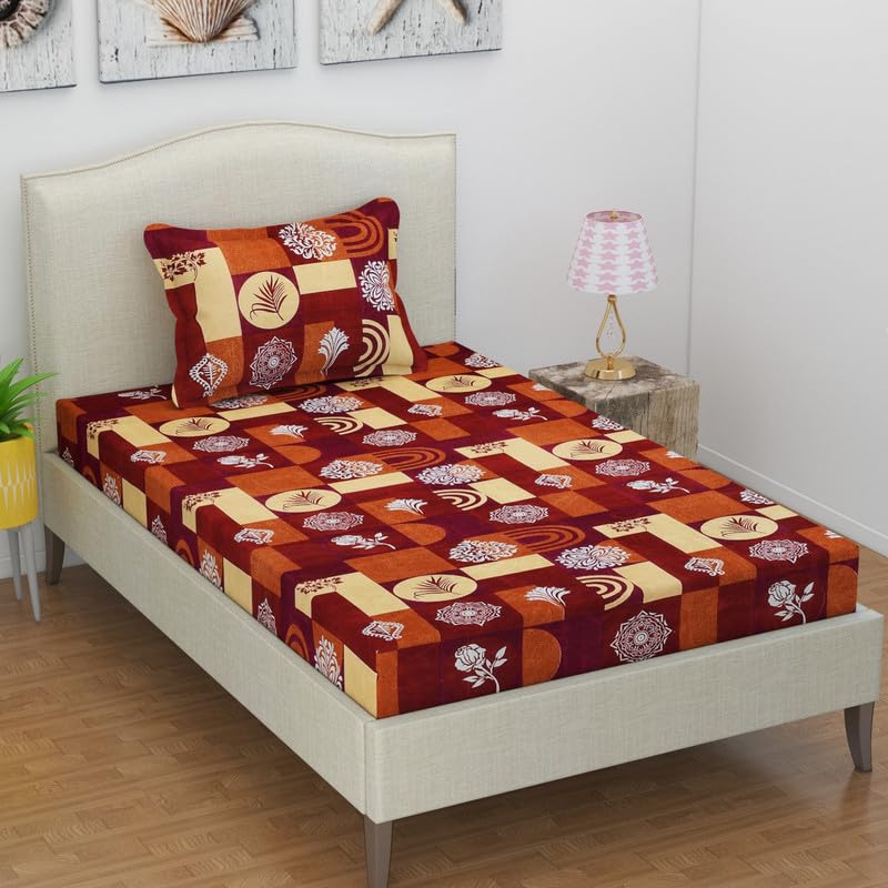 Premium Glace Cotton 180 TC Flat Single Bedsheets for Summer Breathable | Wrinklefree (Size-60 X 90 Inch) with 1 Pillow Covers (Size-17 X 27 Inches, Brown & Beige)