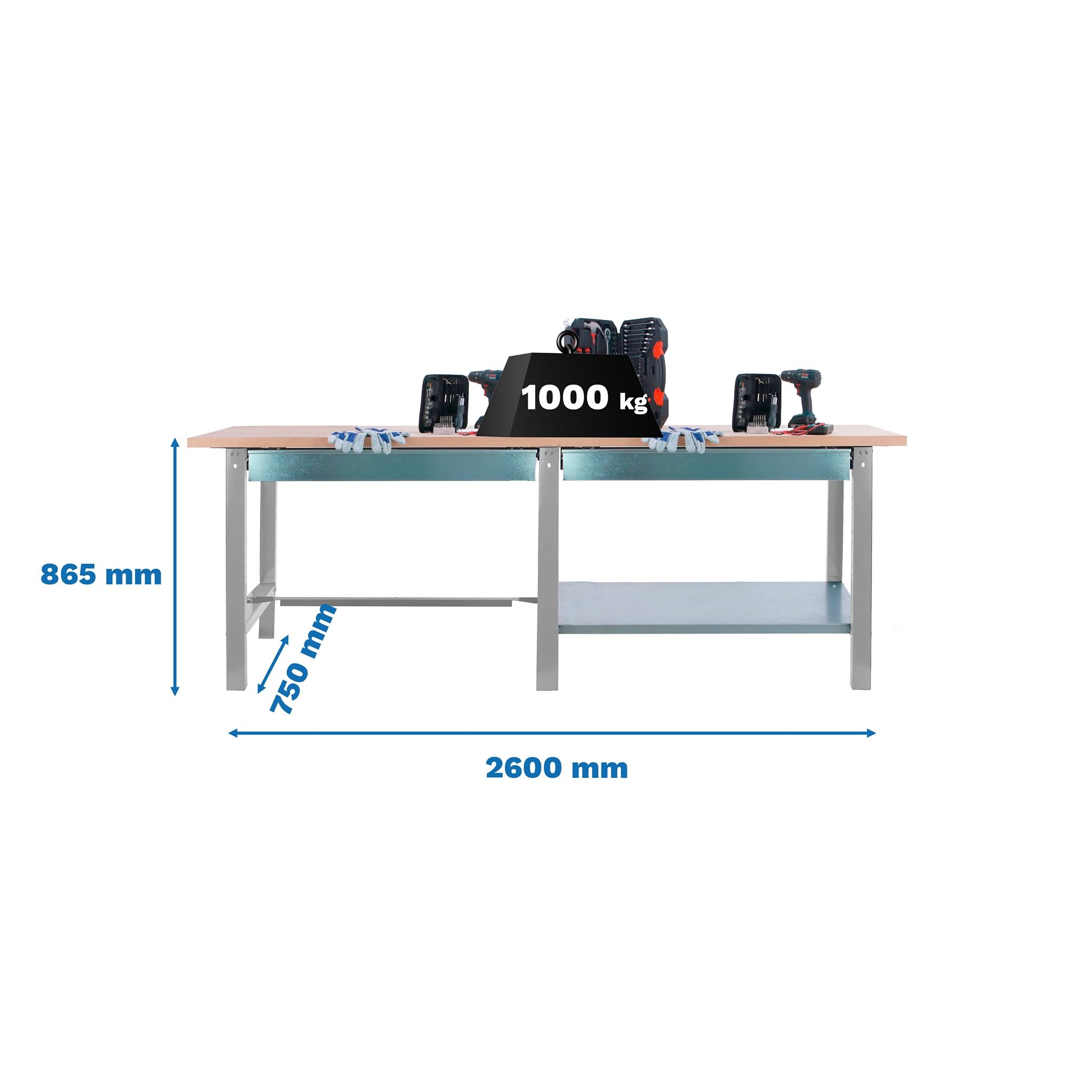 SimonRack Banco de Trabajo Taller Doble, Capacidad Carga 1000 kg, 865x2600x750 mm, 2 Cajones, Mesa de Trabajo, Gris/Haya - BT6 PRO