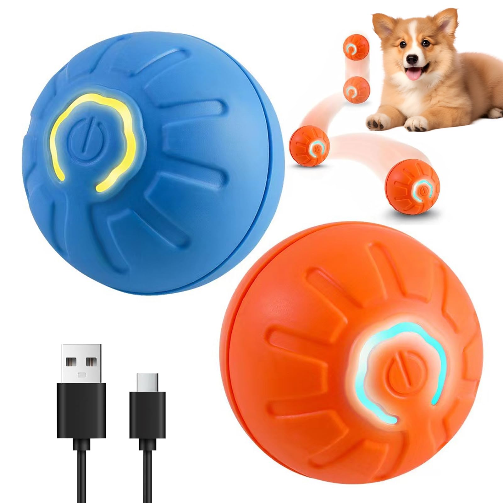 Interactive Dog Ball Self Moving Electric Dog Toy with Tap to Wake and LED Light Rechargeable Bouncing Jumping Ball for Small Medium Dogs Boredom Buster Toy for Puppies Outdoor Indoor (2PCS,A)