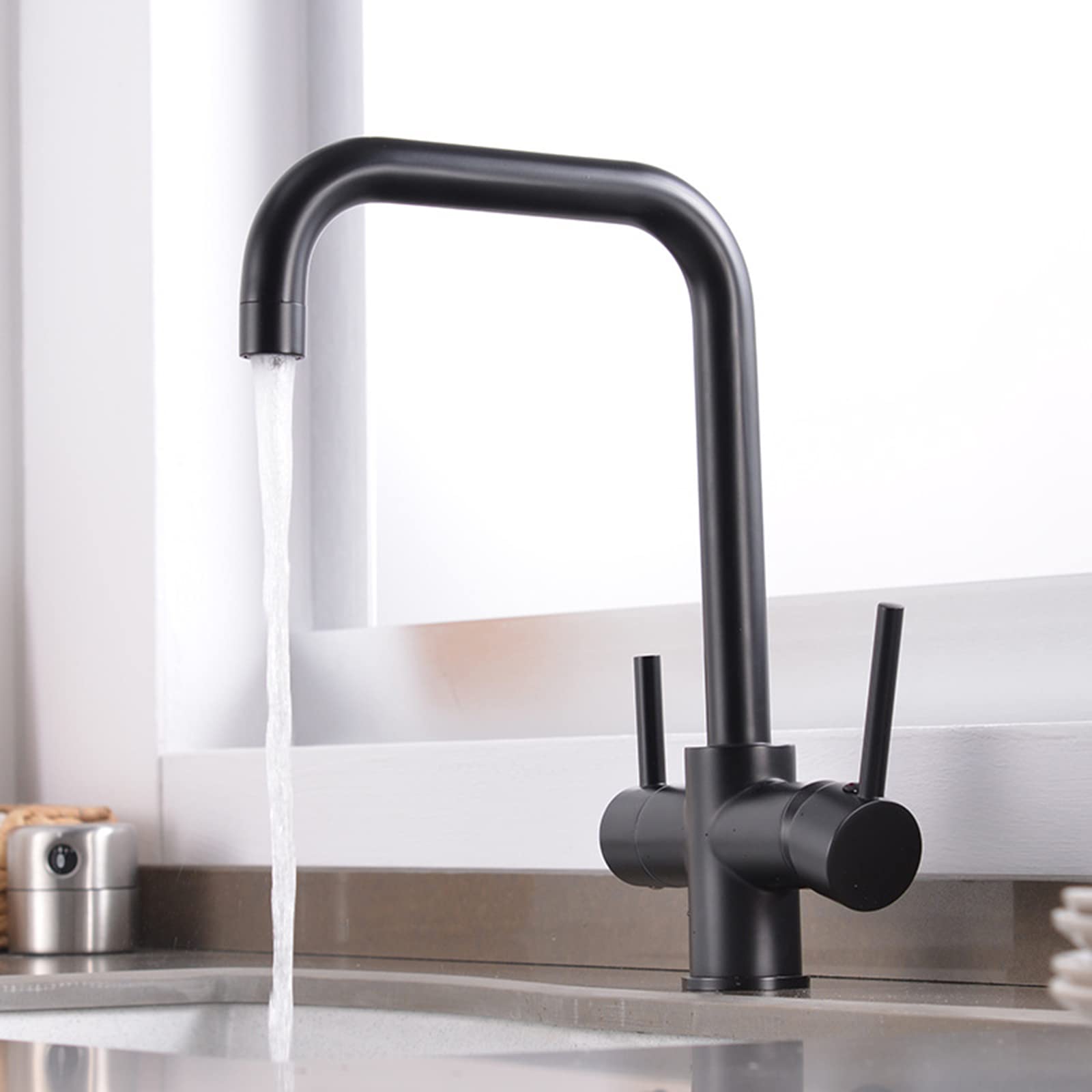 Grifo Cocina 3 Vias Negro Grifo para Depuradora Latón Giratorio Multifuncional Grifo para Fregadero de Cocina C