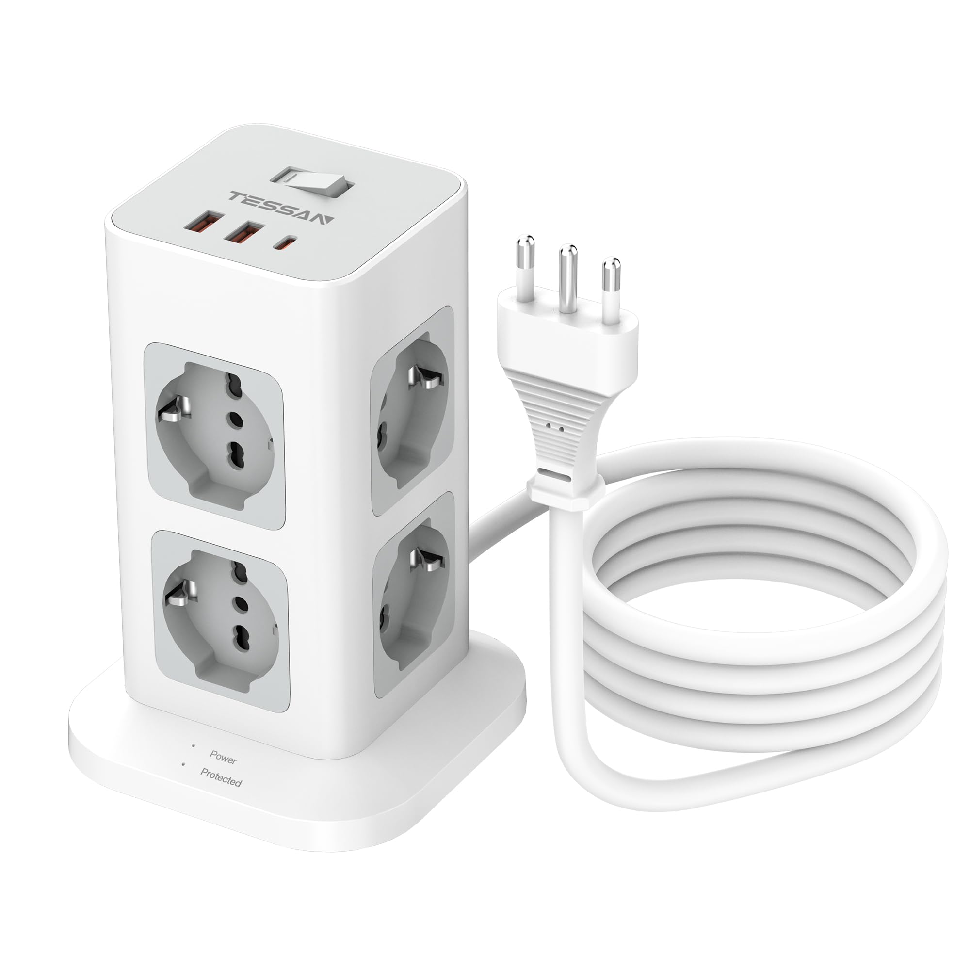 TESSAN Prise Multiple 16 A avec 8 Prises Schuko, 2 USB A et 1 USB C