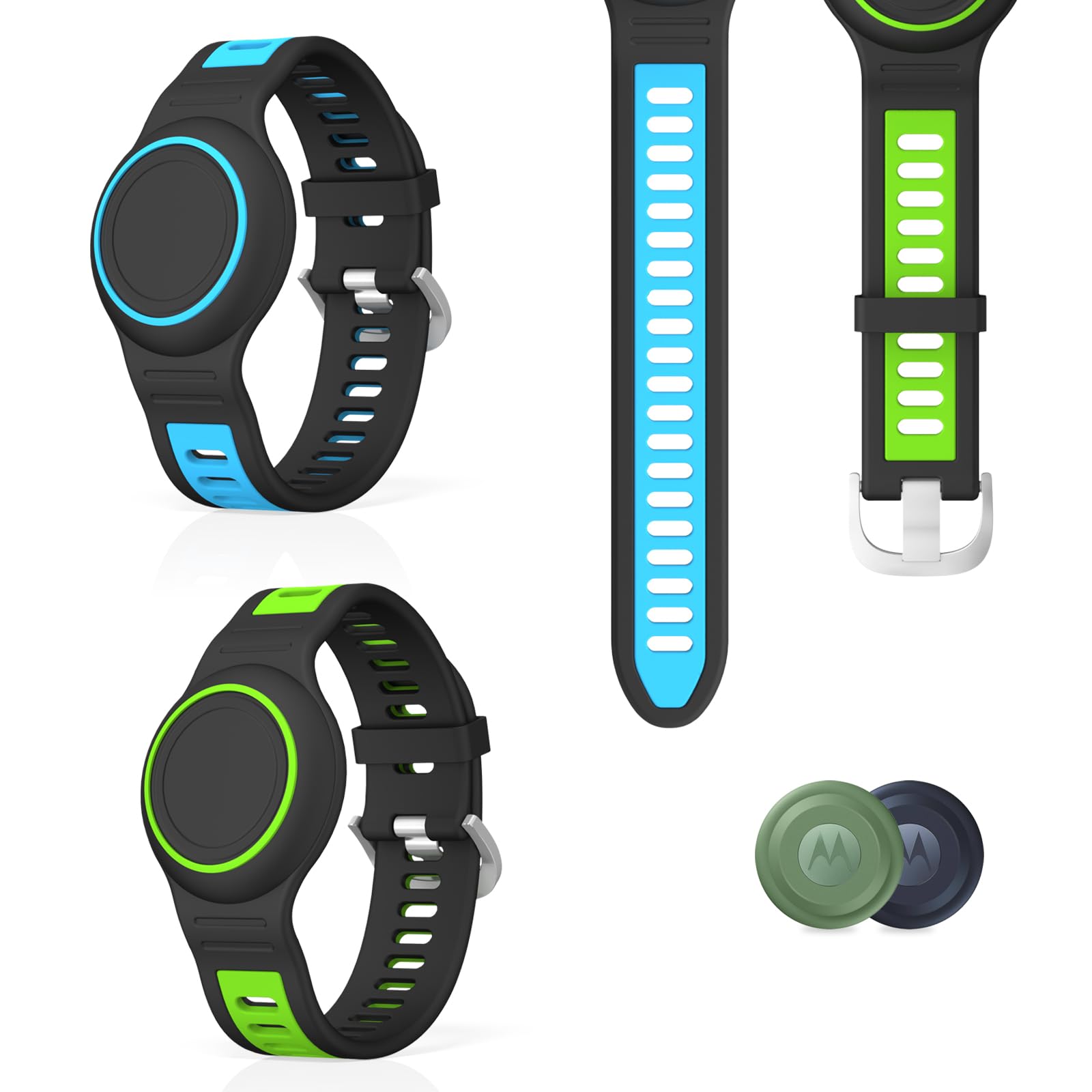 [2 Pack] Waterproof Bracelet for Moto Tag, Soft Silicone Moto Tags Holder Full Coverage Protective Case Compatible with Motorola Moto tag Tracker for Kids Elderly (Green & Blue)-image-35