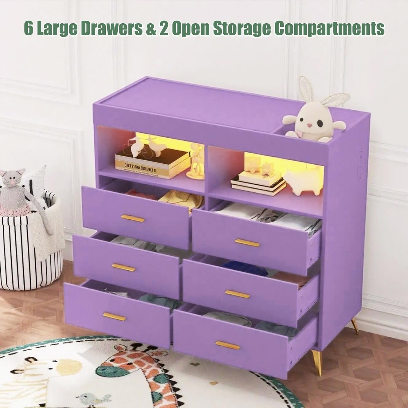 Jojoka Dresser for Bedroom with 6 Drawers, Multi-Functional Nursery Dresser with LED Lights & Charging Station,Baby Changing Table Table with Diaper Changing Station