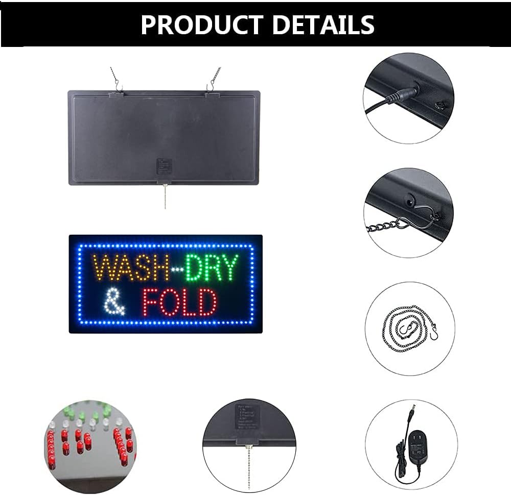 LED Wash Dry Fold Sign for Business, Super Bright LED Open Sign for Laundromat, Electric Advertising Display Sign for Laundry Business Store Window Home Decor. (HSW0308)
