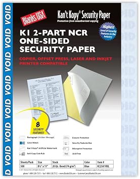 Blanks/Usa Kant Kopy 8.5-Inch X 11-Inch Carbonless Security Paper, 20 Lbs., Blue, 500 Sheets/Ream Kc25a1vbl