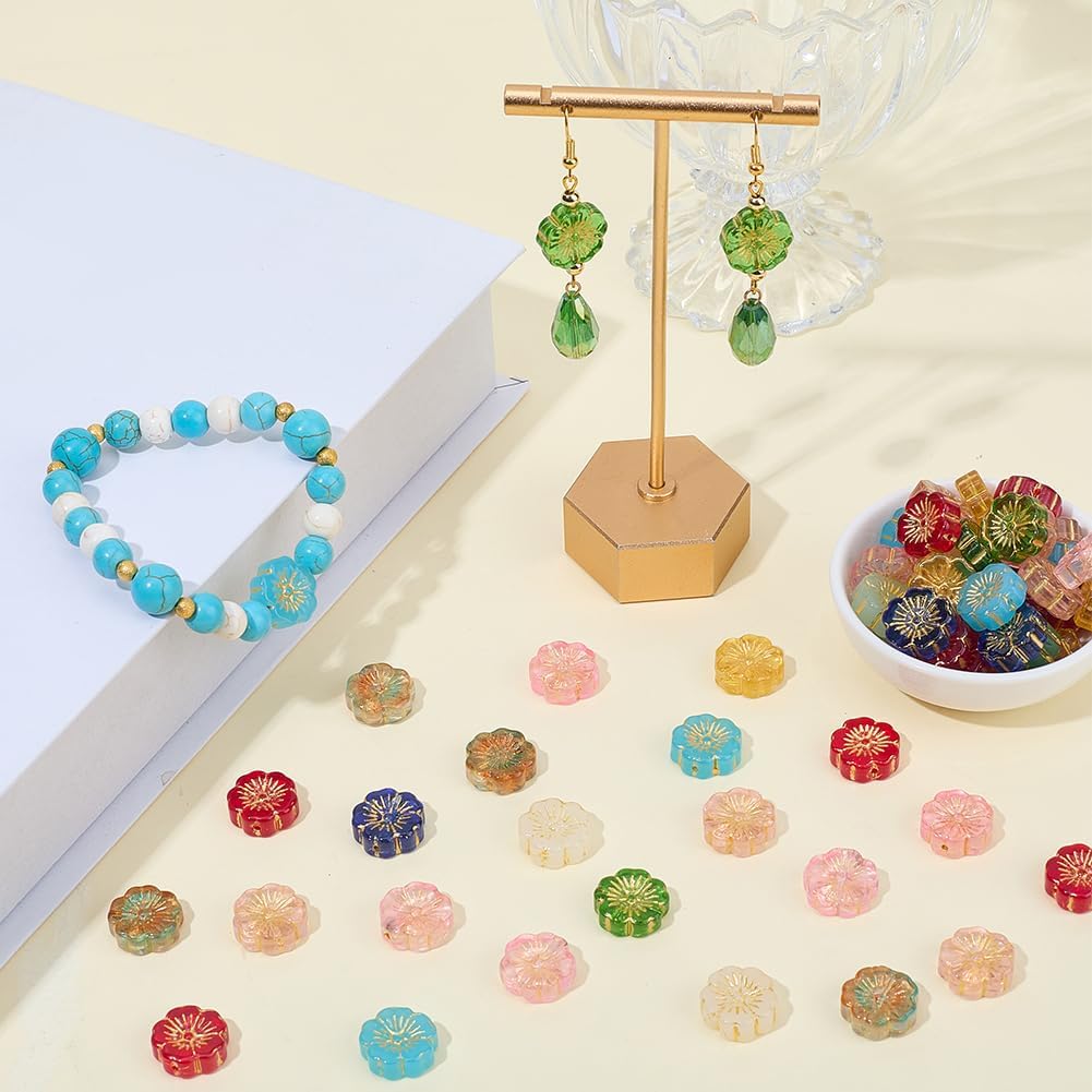 SUNNYCLUE 1 Box 60Pcs Glass Flower Beads Cherry Blossom Bead Assorted Colors Transparent Vintage Gold Metal Enlaced Loose Spacers for Bracelets Necklaces Keychain Jewelry Making DIY Crafts Supplies - Image 4