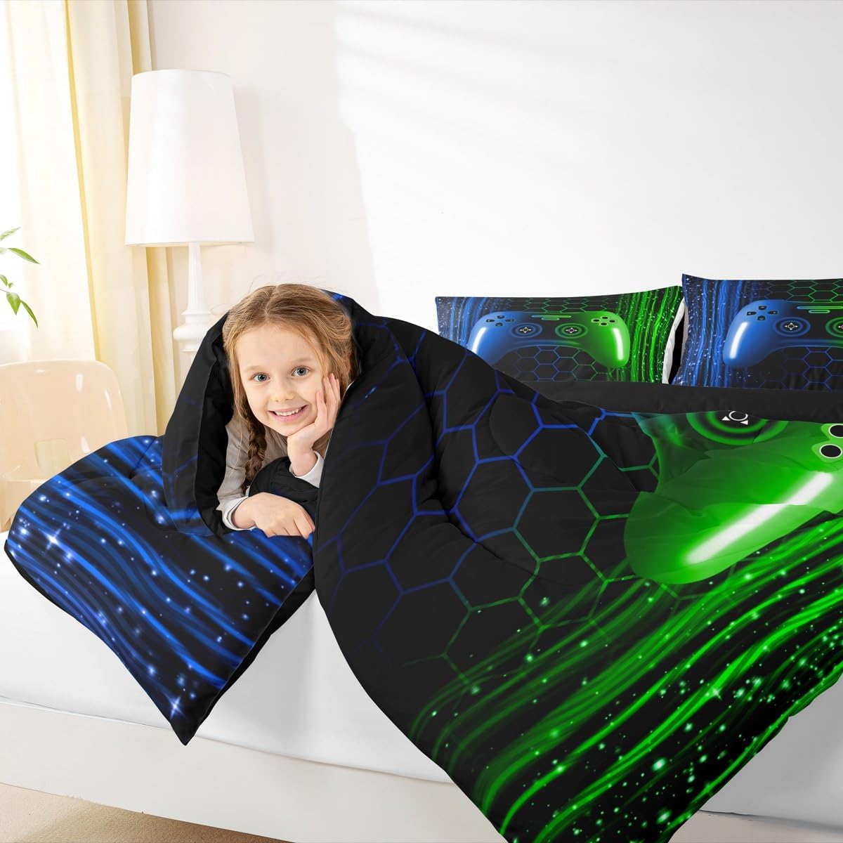 Erosebridal Gaming Toddler Comforter Set for Boys Girls Ombre Game Console Bedding Set for Kids Teens Bedroom Neon Lights Blue and Green Gamer Comforter Geometric Stripes Hexagon Quilt Bed Set