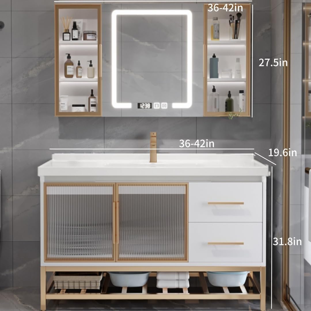 42" Bathroom Vanity with Sink - 3 Light Vanity Light Fixtures, Smart Mirror Cabinet. White