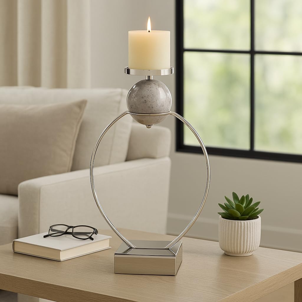 Sculptural Candle Holder with Marble Sphere Accent - Elegant Pillar Candlestick Holder for Table Centerpiece or Entryway Table Decor - Decorative Home Decor Accent for Living Room Styling - 26" Silver