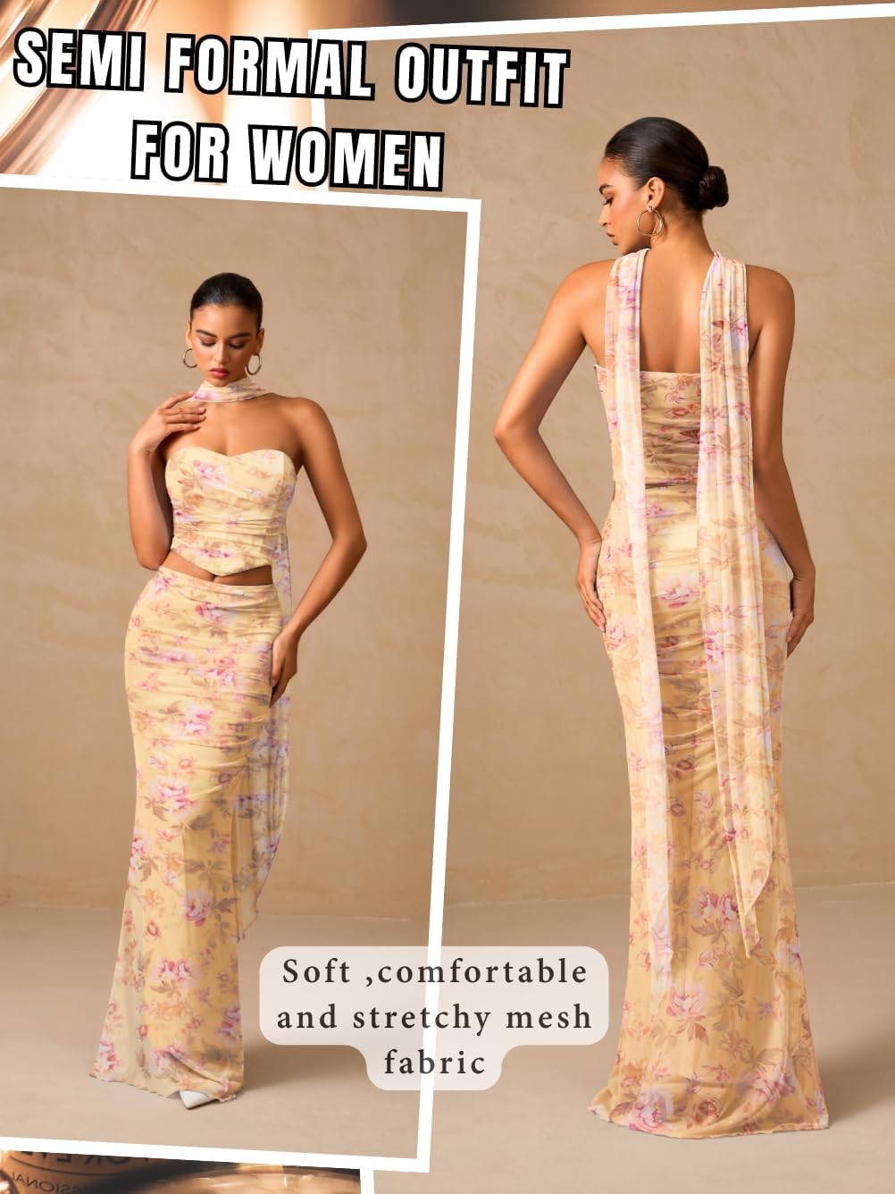 Mesh Floor-Length Skirt-Set, Corset Tube-Top with Scarf, Semi-Formal Wedding-Guest, Strapless Bodycon Ruched Long - Image 4