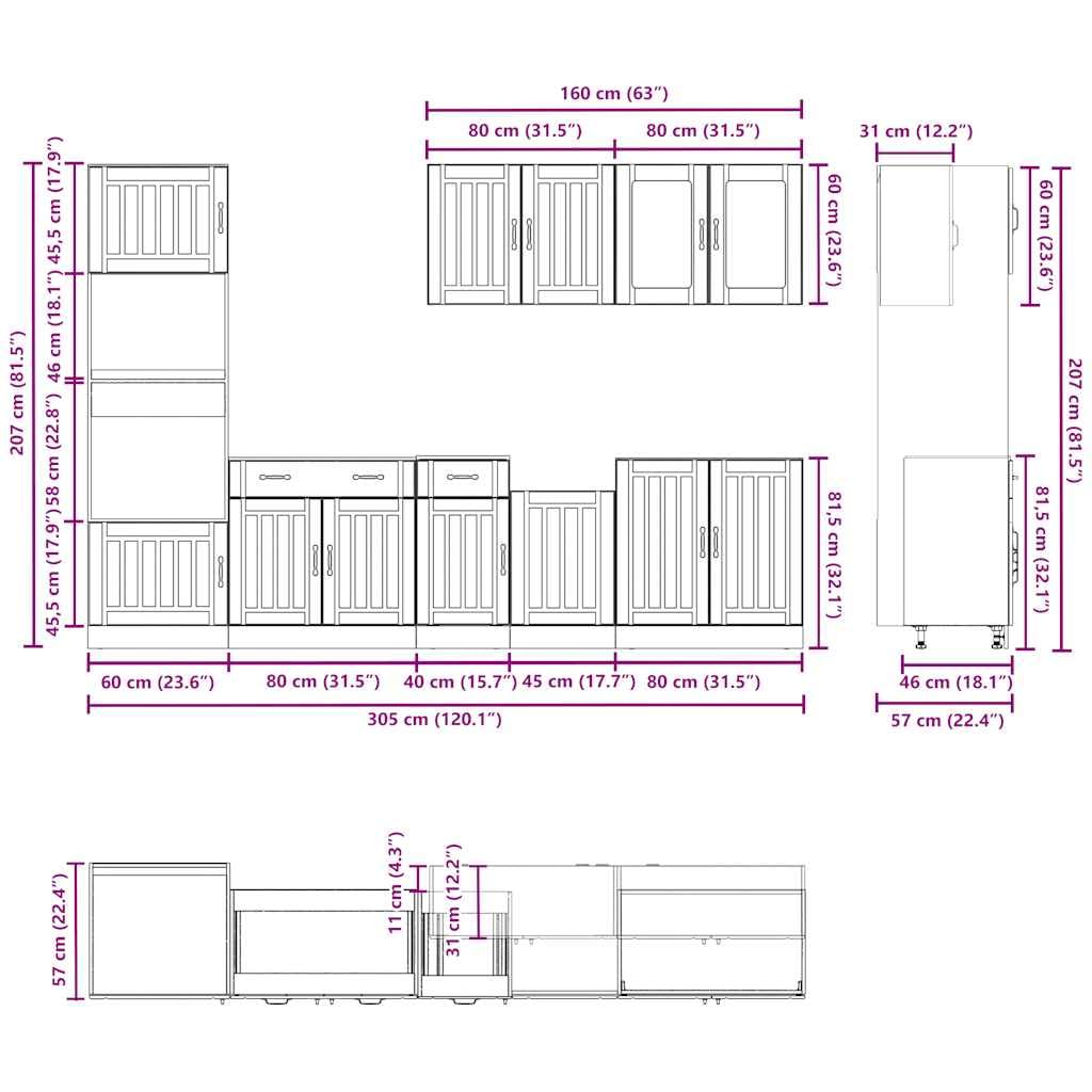 7-TLG. Küchenschrank-Set Kalmar Altholz-Optik Holzwerkstoff Küchenschrank-Set, Küchenblock variabel stellbar Küche Komplett, ohne Arbeitsplatte für Restaurant, Hotel, Küche